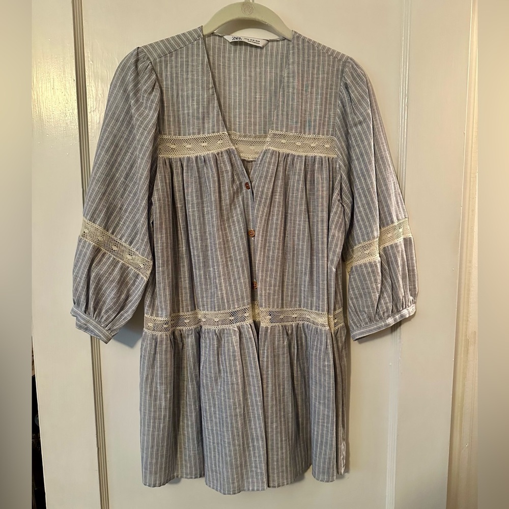 Zara Blue Striped Top with Lace Detail
